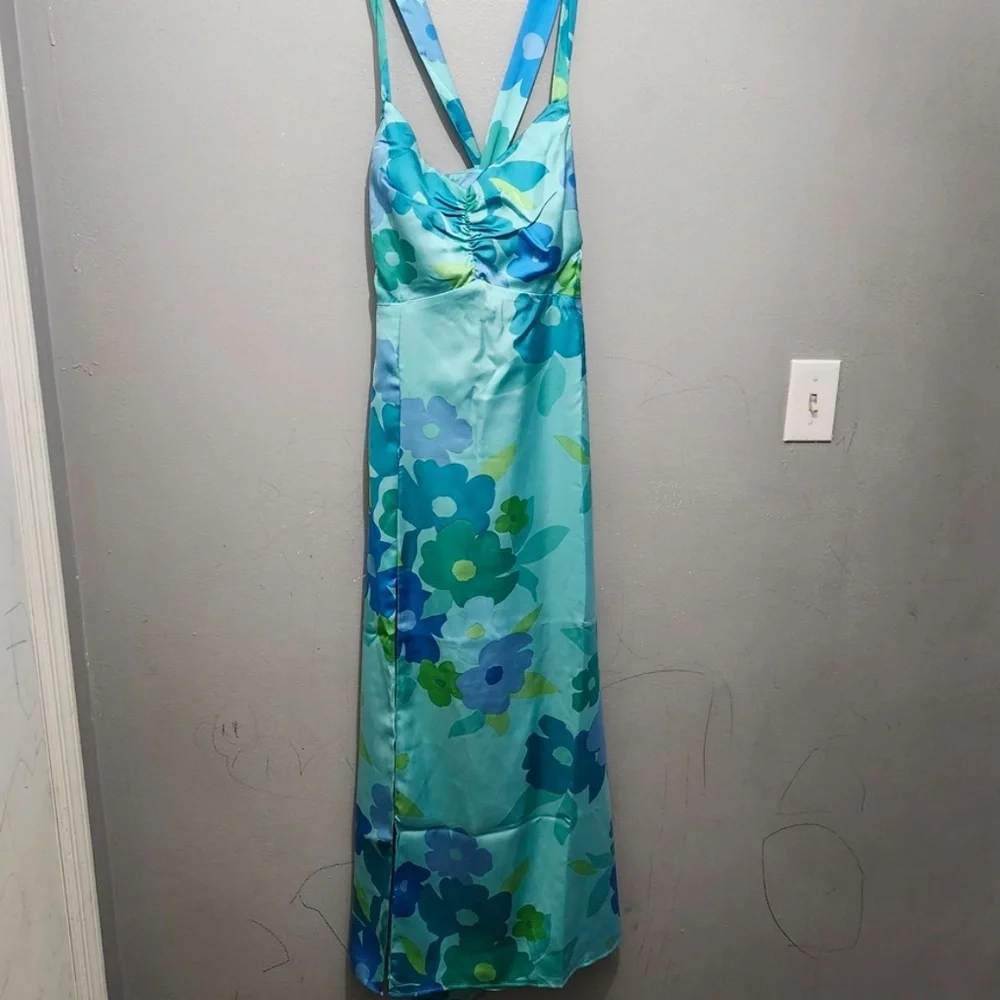 Show Me Your Mumu Mina Turquoise Floral Midi Dress Small Slit Resort Vacation - Picture 3 of 6